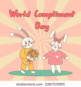 World compliment day. Bunny boy gives a bouquet of flowers bunny girl. Retro groovy 60s 70s cartoon flat style.