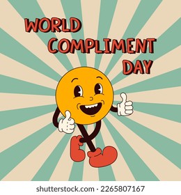 World compliment day concept. Retro groovy smiling character with thumbs up in 60s 70s cartoon flat style.