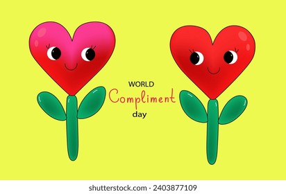 World compliment day, cute kawaii Heart character, celebrating Valentine's day poster modern flat vector illustration