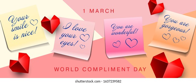 World compliment day design with multicolored sticker papers with compliments and paper origami hearts
