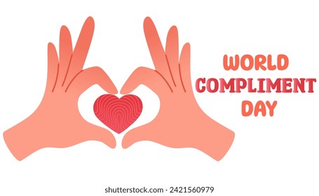 World Compliment Day, held on 1 March. Hand with heart, greeting card, banner. Hand draw vector illustrations