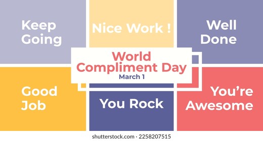 World Compliment Day. March 1. Holiday concept. Template for social media post, background, banner, card, poster with text inscription. Vector illustration. Template, posters with text.