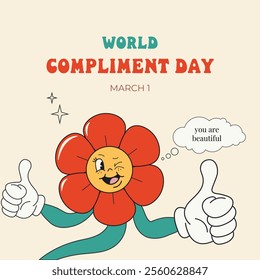 World Compliment Day. March 1. Groovy flower character in trendy retro style 60s, 70s. Template for banner, card, poster. Vector illustration.