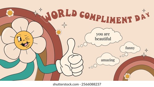 World Compliment Day. March 1. Groovy flower character in trendy retro style 60s, 70s. Template for banner, card, poster. Vector illustration.