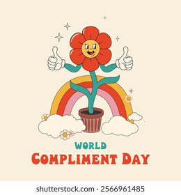 World Compliment Day. March 1. Groovy flower character in trendy retro style 60s, 70s. Template for banner, card, poster. Vector illustration.