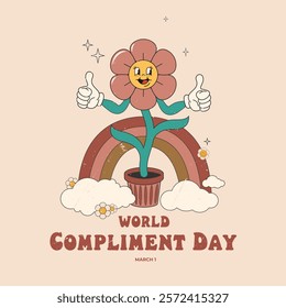 World Compliment Day. March 1. Groovy flower character in trendy retro style 60s, 70s. Template for banner, card, poster. Vector illustration.