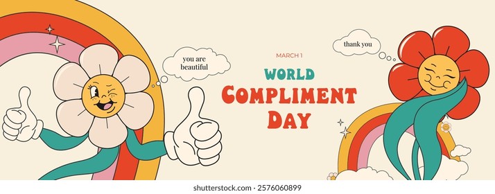 World Compliment Day. March 1. Groovy flower character in trendy retro style 60s, 70s. Template for banner, card, poster. Vector illustration.