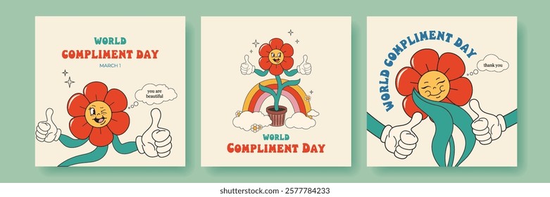 World Compliment Day. March 1. Groovy flower character in trendy retro style 60s, 70s. Template for banner, card, poster set. Vector illustration.