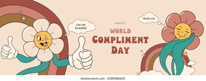 World Compliment Day. March 1. Groovy flower character in trendy retro style 60s, 70s. Template for banner, card, poster. Vector illustration.