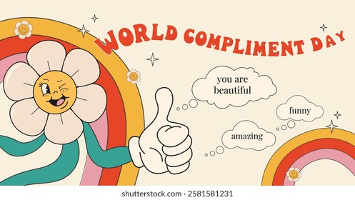 World Compliment Day. March 1. Groovy flower character in trendy retro style 60s, 70s. Template for banner, card, poster. Vector illustration.