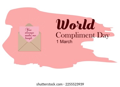 World compliment day, March 1st, greeting card with a compliment to a friend in a letter and with rays of the sun. Vector illustration.