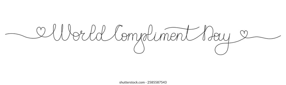 World compliment day one line lettering with hearts. Continuous editable linear drawing. Hand drawn typography greetings for banner poster card