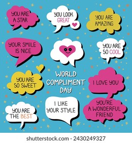 World Compliment Day, set of speech bubbles with compliments. Cartoon speech bubbles, icons, stickers, vector