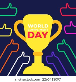 World Compliment Day vector poster illustration on dark background. Cup and people putting their thumbs up.  