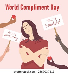 World Compliment Day. Young woman hug herself. Vector flat illustration.