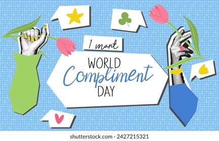 World Compliments Day hands with flowers as a compliment. Pop art, grunge, collage. Handwritten inscription in honor of World Compliments Day, balloons with support. vector illustrations