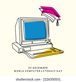 World computer literacy day is celebrated on 2nd December. Digital literacy. Computer related technical efficiency. Foundational computer literacy skills. Advanced programming. Continuous line art.