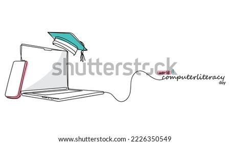 World computer literacy day is celebrated on 2nd December. Digital literacy. Computer related technical efficiency. Foundational computer literacy skills. Advanced programming. Continuous line art.