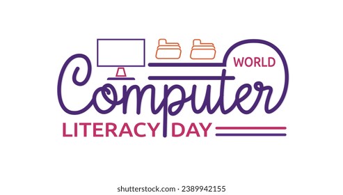 World Computer Literacy Day handwritten text calligraphy with computer and folder icon. Reminds us to contribute quota towards making computers accessible and easy to understand. Vector illustration 