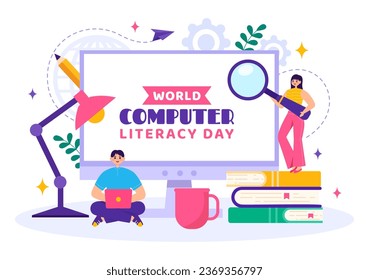 World Computer Literacy Day Vector Illustration on December 2 with Book and Media Equipment in Education Holiday Cartoon Hand Drawn Templates