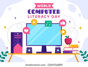 World Computer Literacy Day Vector Illustration on December 2 with Book and Media Equipment in Education Holiday Cartoon Hand Drawn Templates