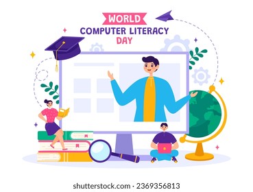 World Computer Literacy Day Vector Illustration on December 2 with Book and Media Equipment in Education Holiday Cartoon Hand Drawn Templates