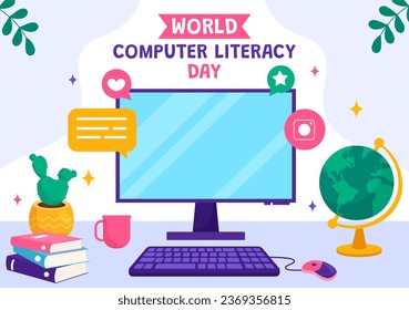 World Computer Literacy Day Vector Illustration on December 2 with Book and Media Equipment in Education Holiday Cartoon Hand Drawn Templates