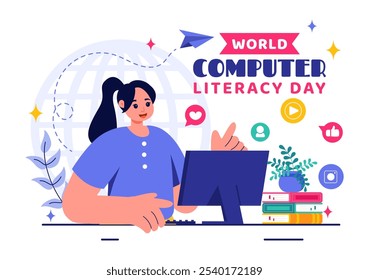 World Computer Literacy Day Vector Illustration on December 2, Featuring Books and Media Equipment to Promote Education in a Flat Style Background