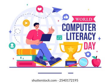 World Computer Literacy Day Vector Illustration on December 2, Featuring Books and Media Equipment to Promote Education in a Flat Style Background