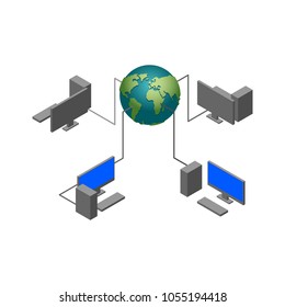 World Computer network. Computational technologies. Earthand pc monitor isometric 