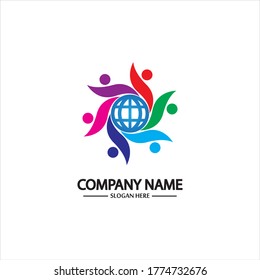 logotipo de la comunidad mundial con personas y vector de diseño de ilustraciones del mundo.