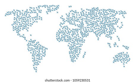 World concept map combined of crossing swords icons. Vector crossing swords scattered flat pictograms are combined into conceptual earth composition.