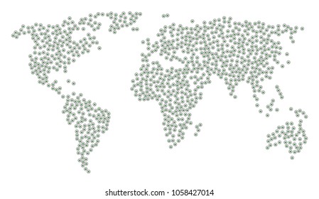 World concept map constructed of cannabis pictograms. Vector cannabis scatter flat items are organized into geometric continent scheme.