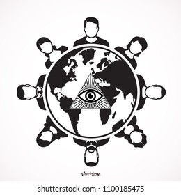 World Conference Illuminati . People Masons sitting around table talking. Planet Earth round table meeting, all seeing eye in triangle, community, communication. Stock vector illustration.