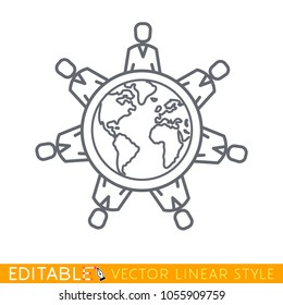World Conference. People sitting around table talking. Planet Earth round table meeting, community, communication. Editable stroke sketch icon. Stock vector illustration.