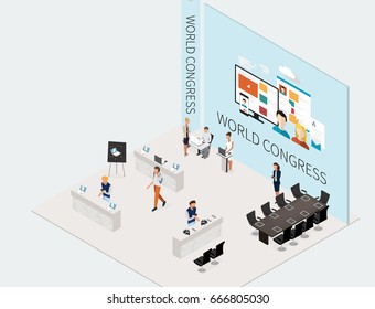 World Congress isometric vector illustration. Exhibition of information technologies. Vector isometric people. -stock vector