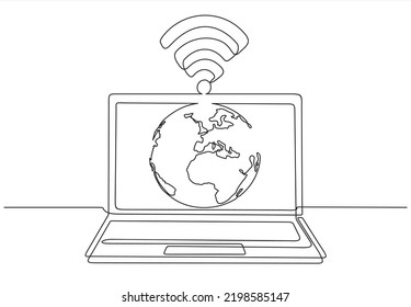 World with connected computer. One continuous line laptop with worldwide internet, globe access computer and globe connection concept. Global networking service.