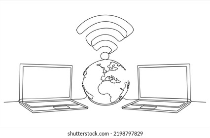 World with connected computers. One continuous line laptop with worldwide internet, globe access computers and globe connection concept. Global networking service.