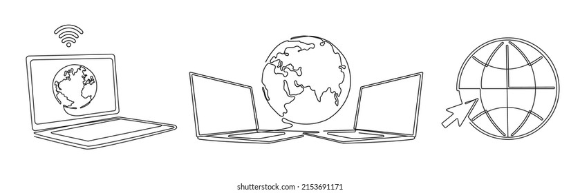 World with connected computers. One line laptop with worldwide intertet, globe access computers and globe connection concept vector Illustration set. Global networking service, arrow browsing - Shutterstock ID 2153691171
