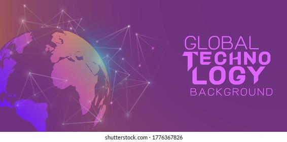 World connecting network and modern technology concept with dots and mesh on gradient background. Vector illustration