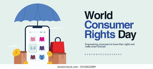 World Consumer day. Consumer rights day celebration banner with online shopping on smartphone screen, shopping bags, gold coins. The day highlights rights of all consumers, to respect their needs.