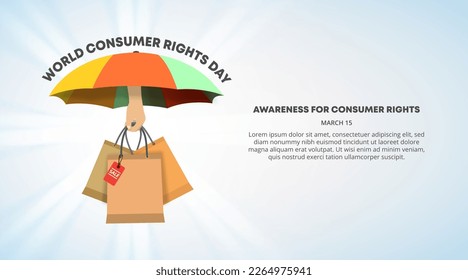 World consumer rights day background with hand holding shopping bag and umbrella