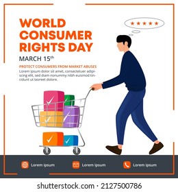 World consumer rights day banner design with a man satisfied doing shopping