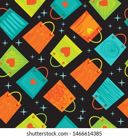 World consumer rights day or Black friday. Vector conceptual illustration. Seamless pattern with shopping bags. Design element for banner, fabric, wallpaper or whapping paper.