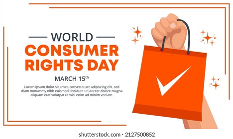 World consumer rights day design with a hand holding a shopping bag