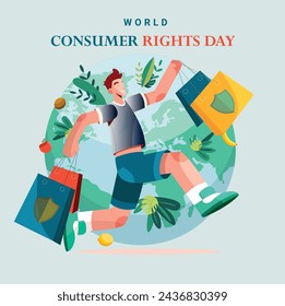 World Consumer Rights Day, world globe with shopping bag design for banner, poster, vector art.