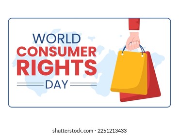 Ilustración del Día Mundial de los Derechos del Consumidor con compras, bolsas y necesidades de los consumidores para banner web o página de aterrizaje en caricaturas planas con plantillas dibujadas a mano