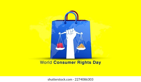 World Consumer Rights Day Poster Design. Consumer awareness concept. Shopping bag and Consumer hand with World map. Vector illustration.