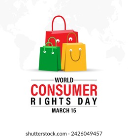 World Consumer Rights Day Poster Design. Shopping bag and Consumer hand with World map. Banner poster, flyer and background design.