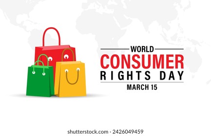 World Consumer Rights Day Poster Design. Shopping bag and Consumer hand with World map. Banner poster, flyer and background design.